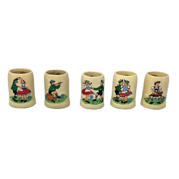 Vintage Miniature German Stein Ceramic/Stoneware Mugs Set of 5 - 2" Tall Tiny - Picture 1 of 9